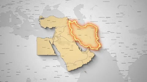 Glowing highlighted map shows the geopolitical location of Iran Stock Footage 330245686