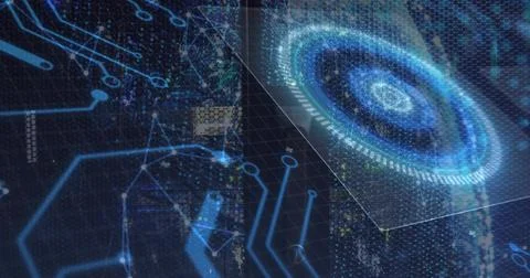 Glowing holographic circular data disc pulsing and rotating in 3D UI, with hex Ilustração Stock