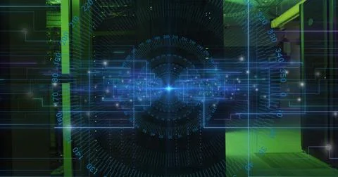 Glowing holographic data overlay illuminating data center corridor, with server Stock Illustration