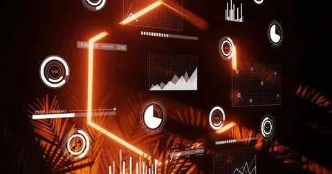 Glowing holographic data panels floating over dark wall, showing line, bar 스톡 사진