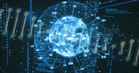 Glowing holographic globe displaying numeric labels and radial connector lines Stock Illustration