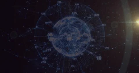 Glowing holographic globe floating in data interface, with data nodes, lines, Stock Illustration
