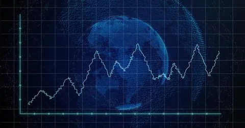 Glowing holographic globe hovering over blue grid with axes, plotting light-blue Stock Illustration