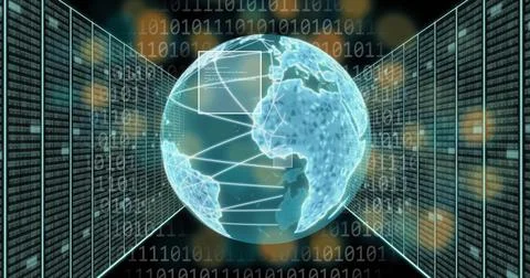 Glowing holographic globe projecting network lines in server rack corridor, with 스톡 사진