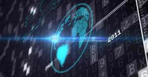 Glowing holographic globe rotating in virtual GUI, dotted ring, blue lens flare, Stock Illustration