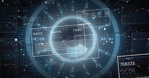 Glowing holographic interface showing numeric HUD panels, circular ring, Fotos de archivo
