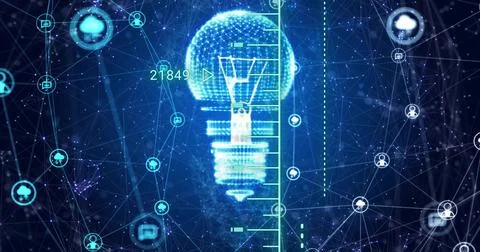 Glowing holographic light bulb hovering in dark navy network, with scale 21849 Stock Illustration