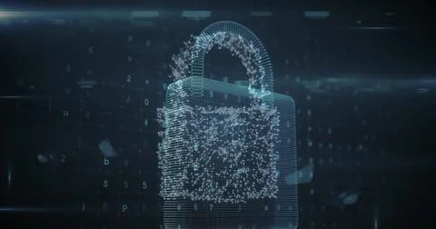Glowing holographic padlock floating in code matrix, with alphanumeric Stock Photos