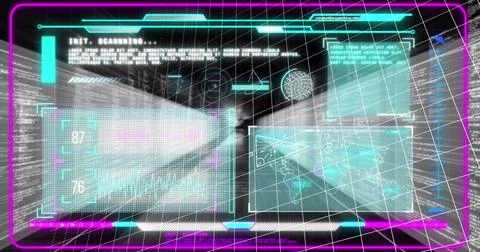 Glowing holographic panel displaying data panels and wireframe sphere in AR Stock Photos