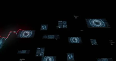 Glowing holographic panels drifting through virtual void, showing radar dials Stock Illustration