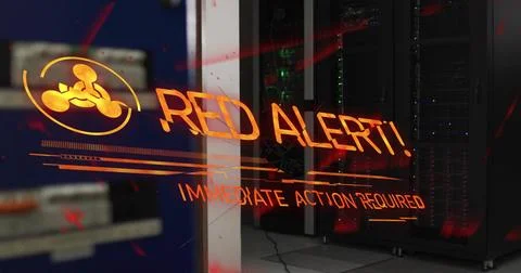 Glowing holographic RED ALERT warning floating on glass in server room, showi Illustrazione stock