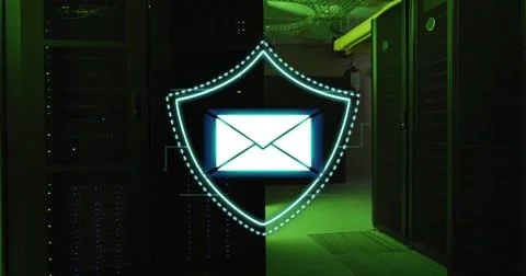 Glowing holographic shield hovering in data center aisle, with server racks and Illustrazione stock