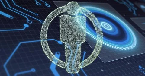Glowing holographic silhouette hovering inside circular ring above dark grid, Stock Illustration