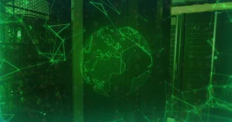 Glowing holographic wireframe globe projecting above server racks, with green Stock Photos