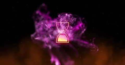 Glowing hourglass icon hovering inside swirling particle cloud in dark void, Stock Photos