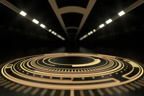 Glowing HUD elements in the dark room, 3d rendering. Stock Illustration