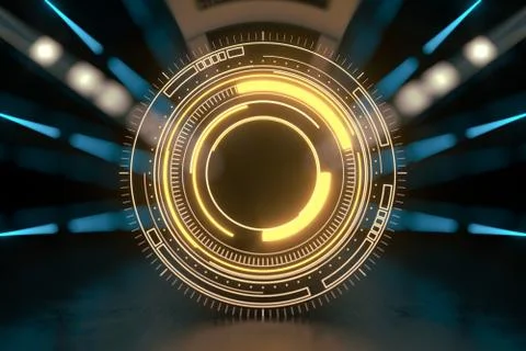 Glowing HUD elements in the dark room, 3d rendering. Illustrazione stock