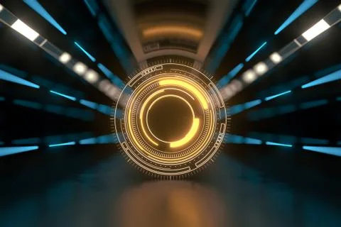 Glowing HUD elements in the dark room, 3d rendering. イラスト素材