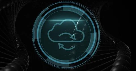 Glowing HUD interface showing syncing cloud icon with arrows in virtual space, Foto stock