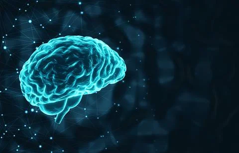 A glowing human brain on a dark blue background Stock Illustration