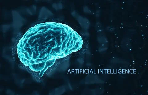A glowing human brain on a dark blue background with circuit board texture Stock Illustration
