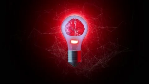 Glowing human brain inside a light bulb. Idea or insight related conceptual 3D Stock Footage 143921762