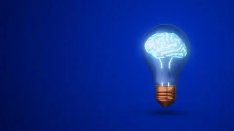 Glowing human brain in a lightbulb on a blue background Illustration