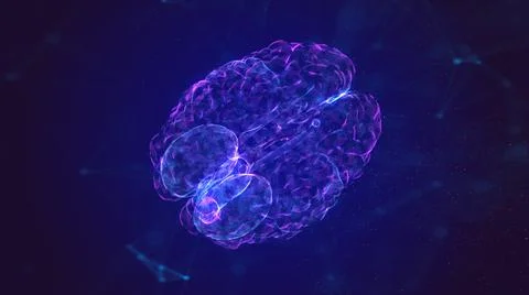 Glowing Human brain made of neon particles. Bright magic brain health concept Illustrazione stock