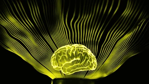 Glowing human brain model with radiating light waves on dark backdrop Stock-Footage 341801553