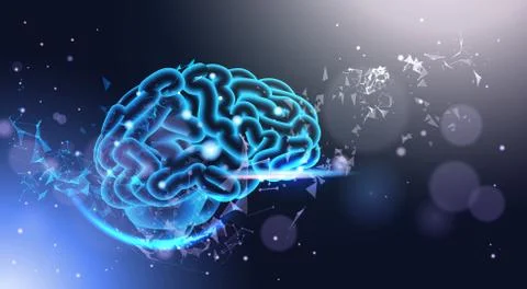 Glowing Human Brain On Poligonal Background With Shining Bokeh Light Low Poly Stockillustratie