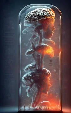 Glowing human brain transform ai in a glass dome Illustrazione stock