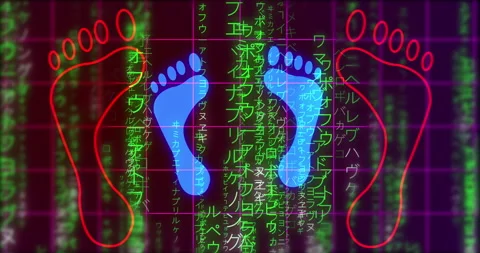 Glowing human digital footprints on falling matrix rain. Stock Footage 337805330