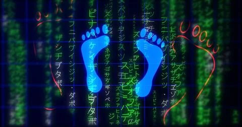 Glowing human digital footprints on falling matrix rain. Futuristic data st.. 스톡 일러스트