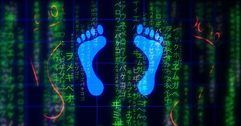 Glowing human digital footprints on falling matrix rain. Futuristic data st.. 스톡 일러스트