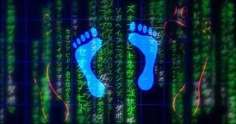 Glowing human digital footprints on falling matrix rain. Futuristic data st.. 스톡 일러스트