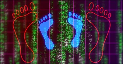 Glowing human digital footprints on falling matrix rain. Futuristic data st.. 스톡 일러스트