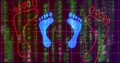 Glowing human digital footprints on falling matrix rain. Futuristic data st.. 스톡 일러스트