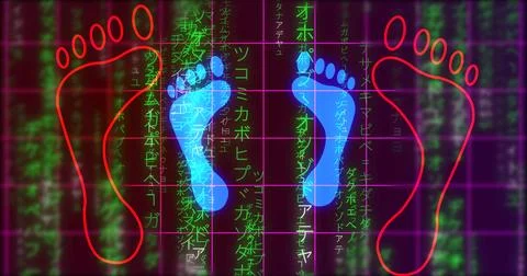 Glowing human digital footprints on falling matrix rain. Futuristic data st.. 스톡 일러스트