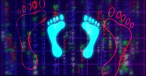 Glowing human digital footprints on falling matrix rain. Futuristic data st.. 스톡 일러스트