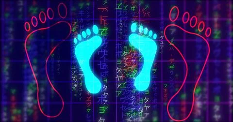 Glowing human digital footprints on falling matrix rain. Futuristic data st.. 스톡 일러스트
