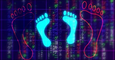 Glowing human digital footprints on falling matrix rain. Futuristic data st.. 스톡 일러스트