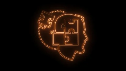 Glowing human head silhouette with puzzle pieces forming thought process an.. Stock Footage 316676512