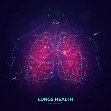 Glowing human lungs vector illustration made of neon particles. Stock Illustration