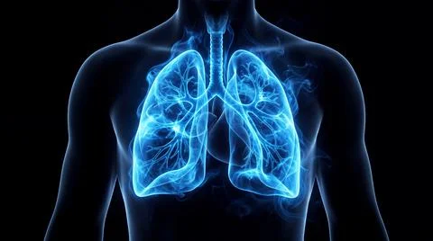Glowing human lungs visualization in deep black space for medical science. Stock Illustration