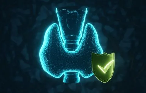 Glowing human thyroid gland with shield on dark blue background Stock Illustration