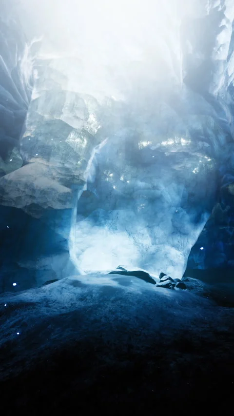 Glowing ice cave reveals hidden beauty within dark depths of winter Stock Footage 332200302