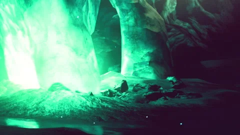 Glowing ice formations in a dark cave during nighttime Stock Footage 345055681