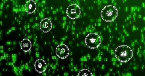 Glowing icon cluster hovering in virtual dashboard, showing laptop, globe, Stock Photos