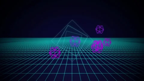 Glowing icosahedrons floating inside cyan wireframe seamless loop Stock Footage 345182936
