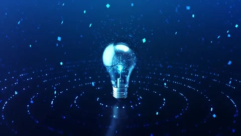 Glowing idea bulb technology visual blue dotted rings, floating square particles Stock Footage 340525521